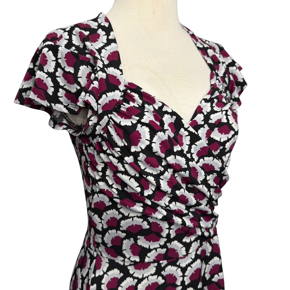 Leota Emma Knit Dress Womens S Magenta White Floral Fit Flare Faux Wrap Ruched - Picture 3 of 13